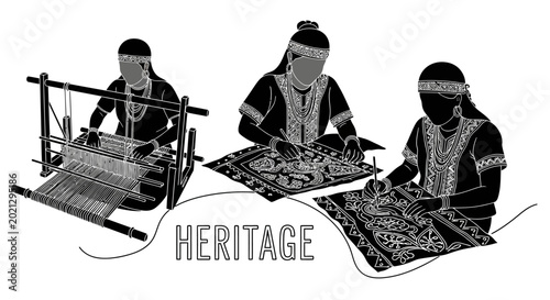 Quadro su tela Illustration of indigenous women crafting traditional textiles and weaving patterns