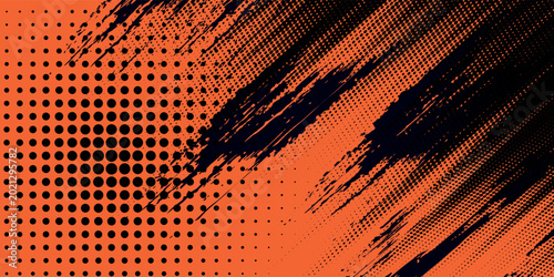 Orange and black grunge urban background with dry rough texture and halftones pattern. Hand drawn punk vector retro banner