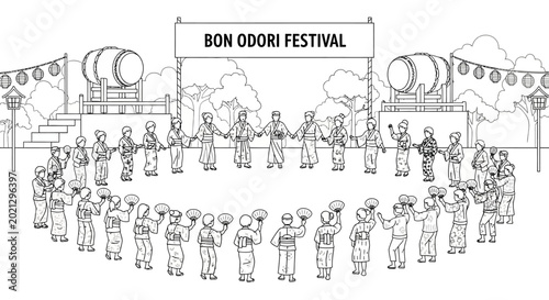 Bild auf Leinwand People dancing in a circle at the Bon Odori festival line art illustration