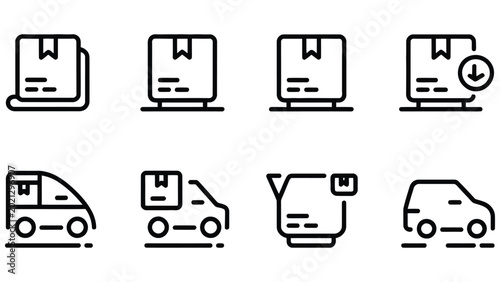 Konstfotografi A collection of eight simple line art icons depicting various aspects of shippin