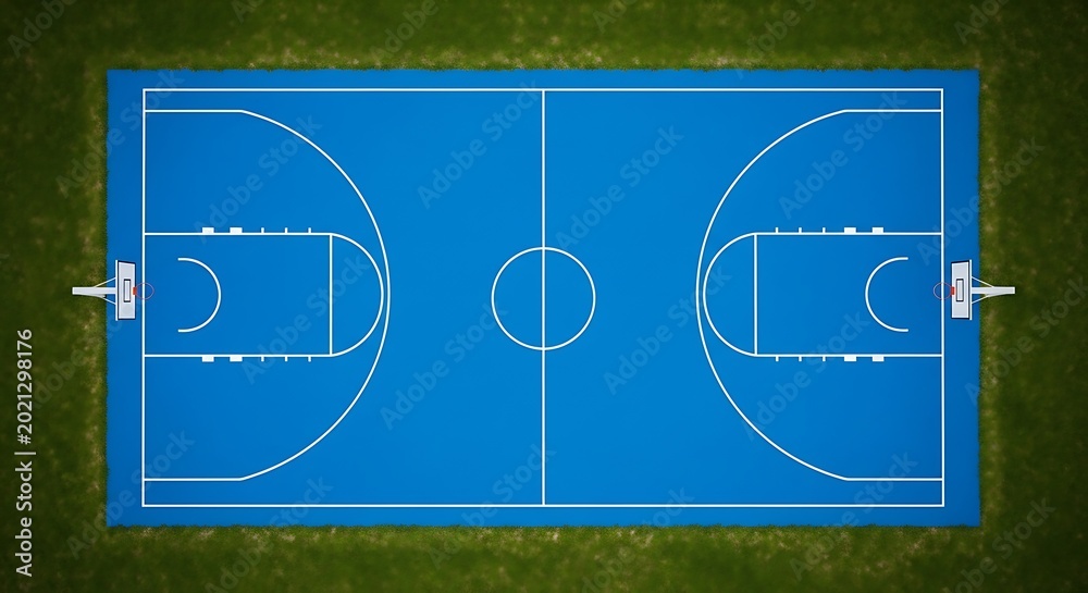 Obraz premium Overhead view of blue basketball court on grassy field soccer football training facility