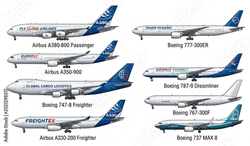 Schilderij op canvas Modern passenger airplane vector set side view and landing aircraft aviation tra