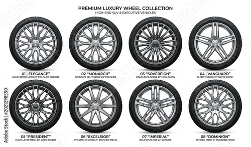 Tableau sur toile Luxury car wheels set premium SUV alloy rims elegant automotive tire design vect