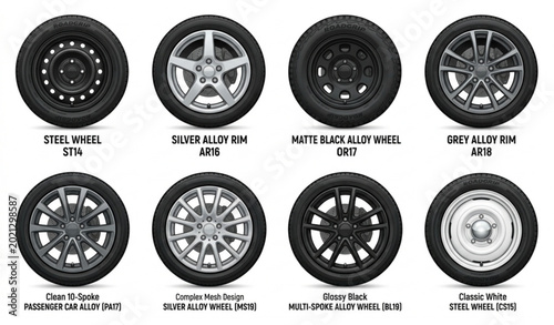 Photos Car wheels set alloy and steel rims automotive tire rim collection vector illust