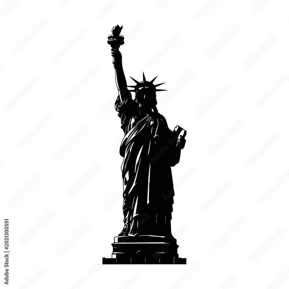 Fototapeta premium Statue of Liberty Silhouette Against White Background, Symbol of Freedom.