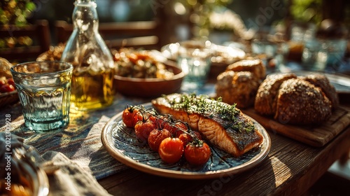 Gourmet Salmon Dinner with Cherry Tomatoes and Crusty Bread