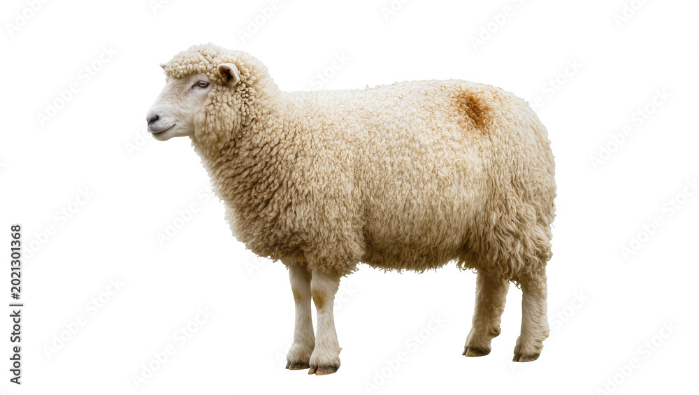 Fototapeta premium Fluffy white sheep with brown spot, isolated on transparent background