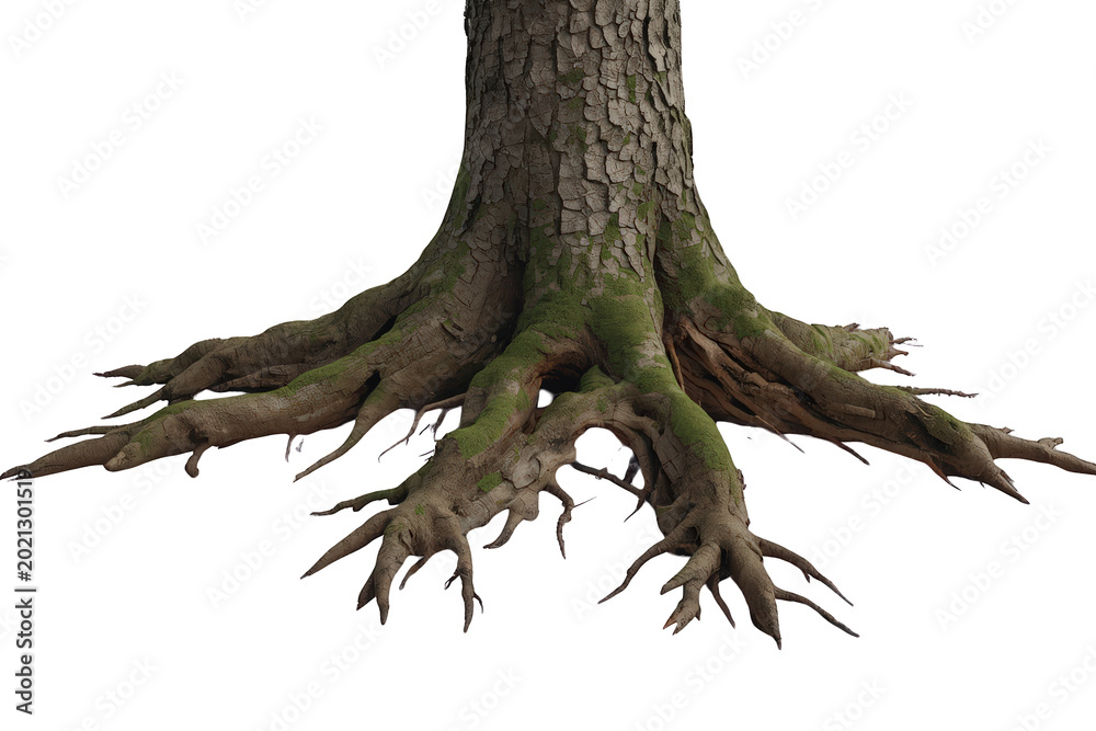 Fototapeta premium Tree roots and trunk with bark and green moss showing growth, nature, and organic stability on transparent background