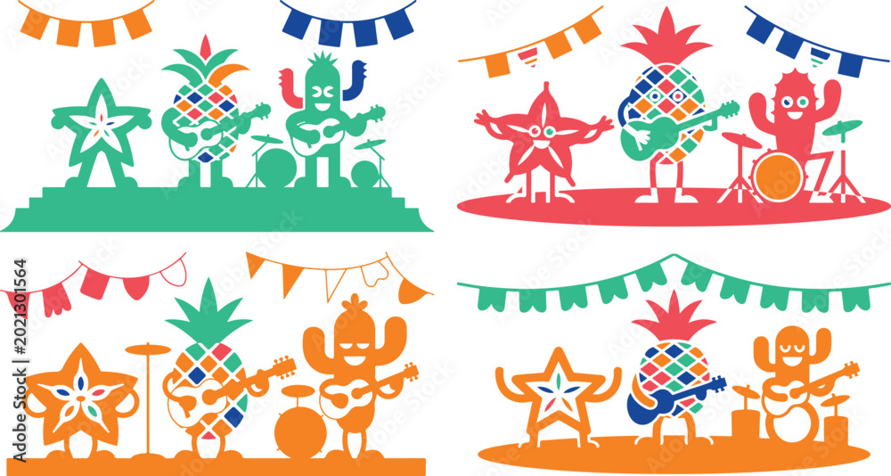Fototapeta premium colorful cartoon pineapples and cacti playing musical instruments on stages with starfish and hanging banners
