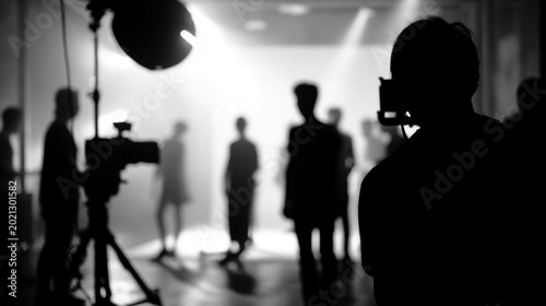 Silhouettes of performers and a photographer create a dynamic scene in a stylish studio, emphasizing the artistry of capturing moments through dramatic lighting and shadows.