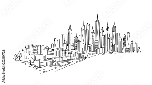 Modern Cityscape and Suburban Homes, Minimalist Line Art Illustration