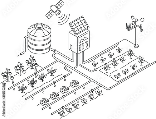 Isometric illustration of smart agricultural system integrating renewable energy and precision farming sustainable_farming smart_agriculture renewable_energy precision_farming futuristic_farming