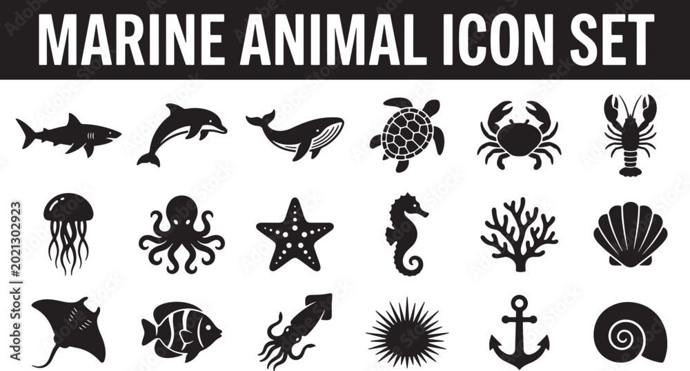 Fototapeta premium Marine animal icon set featuring sea creatures and ocean elements in a flat black silhouette vector style