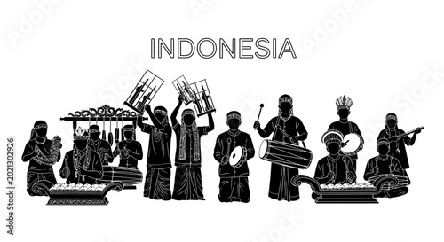 Schilderij op canvas Indonesian traditional music performance silhouette illustration.