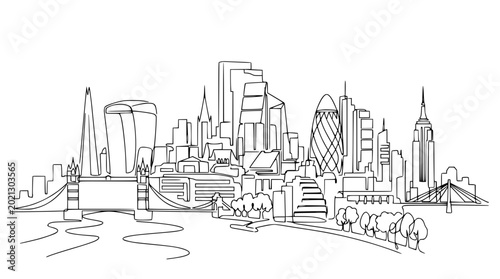 London Skyline Continuous Line Drawing: Iconic Landmarks and Modern Architecture