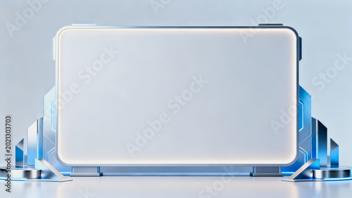 This 3D rendered futuristic tech display features a blank glowing screen mounted on a stylized metal stand, ready for product showcase or interface presentation.