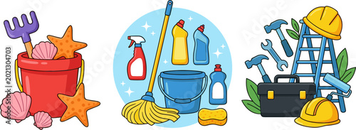 Photos Household Maintenance and Recreation Vector Set Featuring Beach Sandbox Toys Hou
