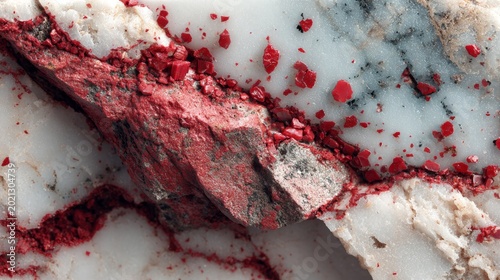 Macro view of cinnabar mineral embedded in white quartz rock