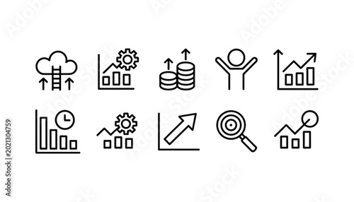Business growth icons with upward trends and success symbols on white background
