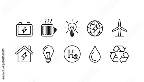 Clean energy icons including battery heater lightbulb earth and windmill in a line