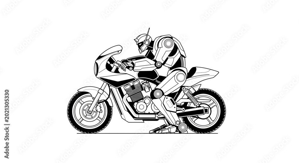 Obraz premium Robot rider on a sport motorcycle, futuristic concept art, black and white illustration