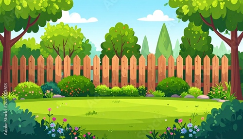 Lush Green Garden Scene with Fence and Trees.