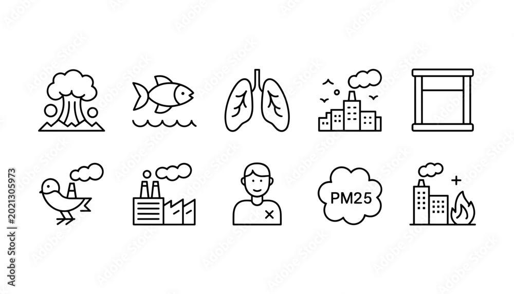 Fototapeta premium Environmental pollution icons: atom bomb fish lungs factory window bird industry person PM25 cloud fire. Clean vector