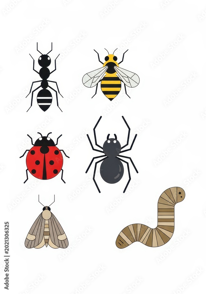 Obraz premium Set of Minimalist Flat Vector Insect Icons Including Ant, Bee, Ladybug, Spider, Moth, and