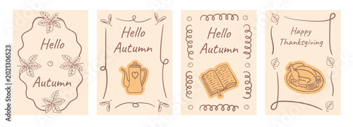 Set of autumn greeting cards with hello autumn and happy thanksgiving text, featuring cozy frames, leaves, and line art icons