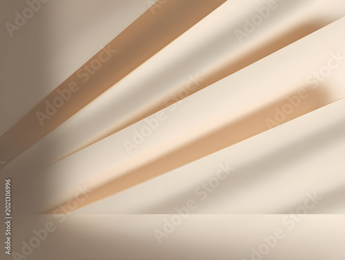 Warm neutral tone abstract interior with diagonal soft shadow bands creating minimal geometric depth and calm atmosphere