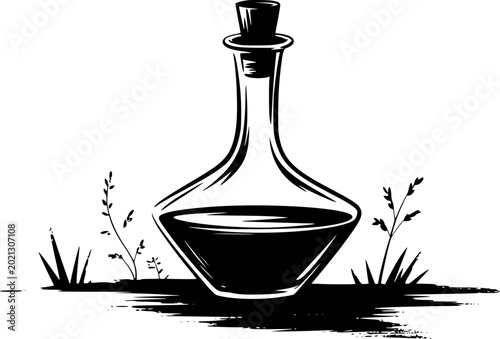 Black and white of a decanter with liquid and grass white background, glass bottle