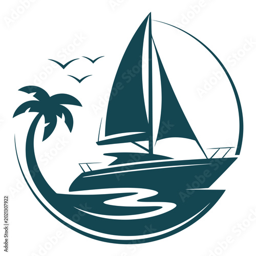 Sailboat with palm tree and birds illustration