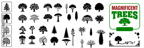 Tree Vector Set: Collection of various tree silhouettes in black on white background  