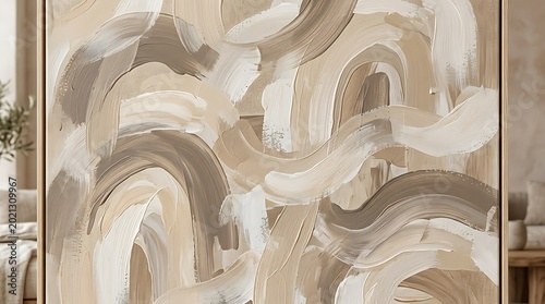 Abstract painting, beige and white swirls, interior decor vector illustration