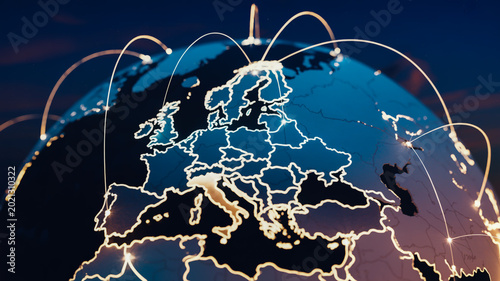 Europe satellite map with global flight routes glowing at night