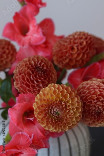 Close-up of vibrant dahlias and coral gladiolus flowers in a ceramic vase, featuring rich textures, soft focus background, and elegant floral styling in natural indoor light.