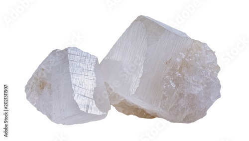 Canvastavla Two clear calcite mineral crystals with striations, isolated on transparent back