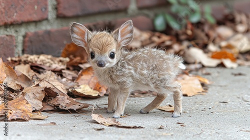 An adorable fawn stands on concrete next to fallen leaves, near a brick wall, with curious eyes
