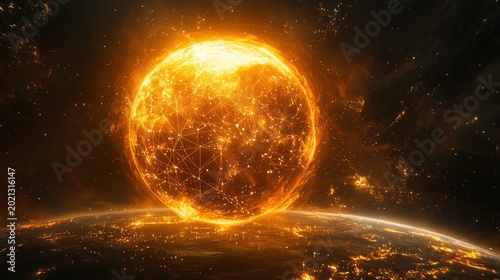 Glowing orb with network lines erupts from a planet, illuminating a vast, dark space