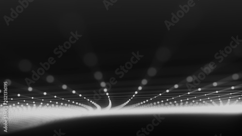 Obraz na płótnie An abstract digital wave composed of numerous glowing dots on a black background