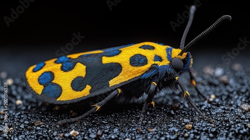 A close-up, stunning portrait of a vividly colored moth resting on dark textured ground