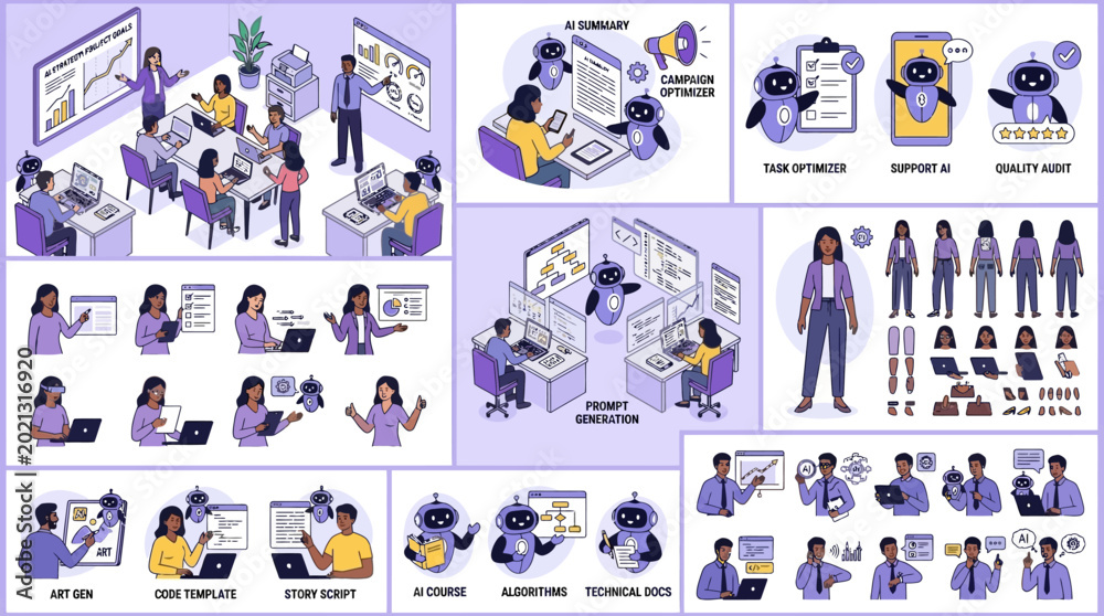 Fototapeta premium Comprehensive Vector Collection of Professionals Using Sophisticated AI Algorithms and Generative Digital Tools to Optimize Workflow Tasks, Organizational Checklists, and Schedules.