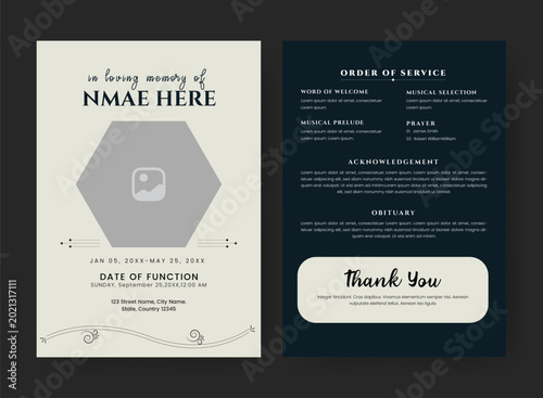 Funeral Template for Memorial Program. Minimalist Funeral ainvitation Card Bifold Brochure Design Layout.