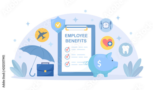 Employee benefits package set. Social guarantees and protection for workers. Worker advantages: meal reimbursement, medical insurance, vacation, retirement benefits. Compensation supplementing salary
