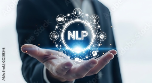 NLP natural language processing technology concept, businessman holding glowing digital interface, artificial intelligence and machine learning icons