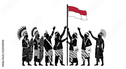 Bild auf Leinwand Silhouette of diverse Indonesian ethnic groups raising the national flag