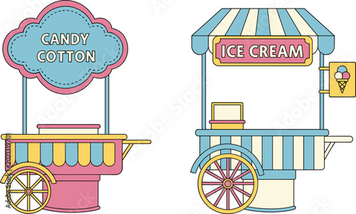 Photos Vintage Candy Cotton and Ice Cream Kiosk Cart Set with Retro Food Wagon Illustra