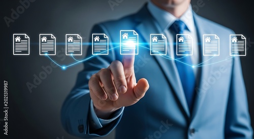 Digital real estate document management, businessman touching virtual house contract icons, online property insurance and mortgage processing