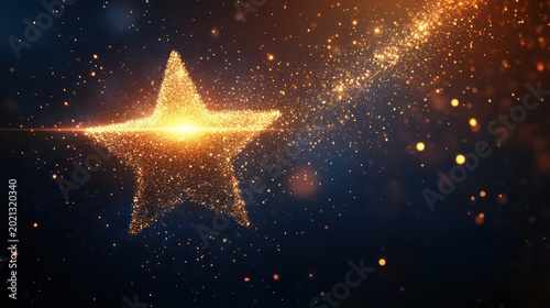 Sparkling golden five-pointed star with a flowing trail of light particles on a deep blue background