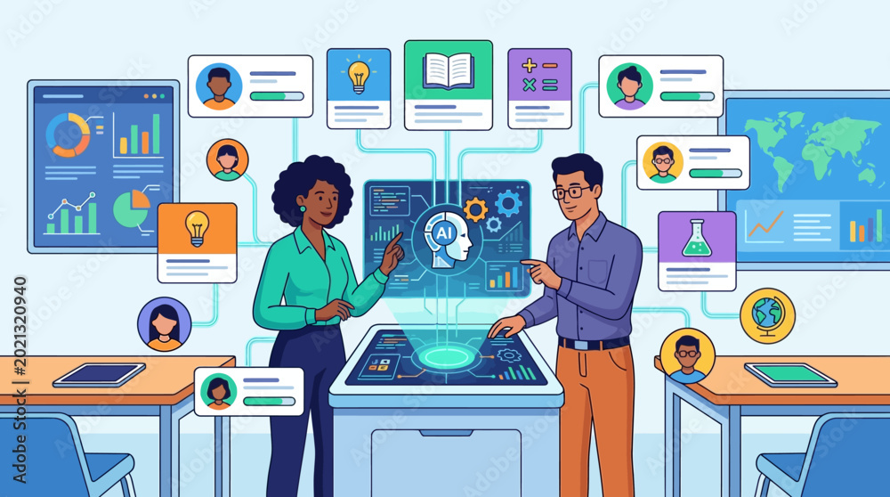 Fototapeta premium Diverse Professional Team Using AI Interactive Technology for Education and Data Analytics Illustration